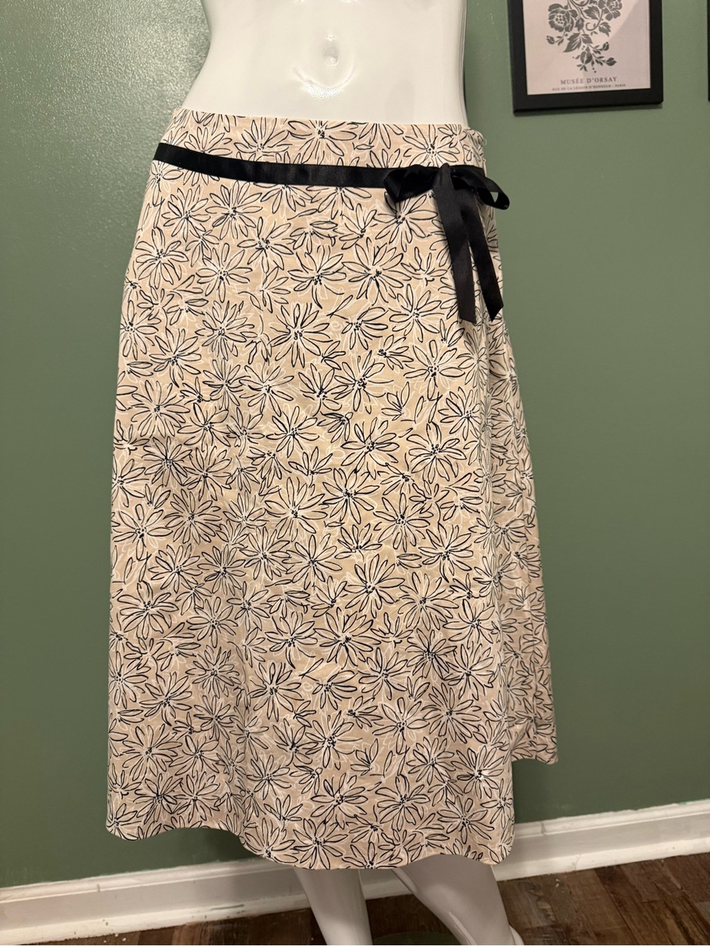 Apostrophe Cream Floral Midi Skirt with Black Ribbon Waist